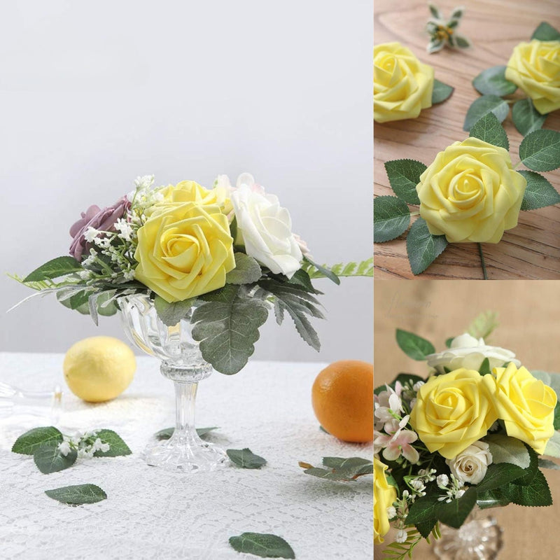 25 Pcs Artificial Foam Roses with Bendable Stems, 12 Inch, Ivory White Purple for DIY Wedding Bouquets and Centerpieces