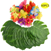 60 Pcs Artificial Tropical Palm Leaves and Hibiscus Flowers Bulk Party Decorations