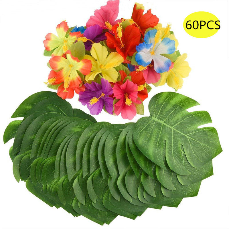 60 Pcs Artificial Tropical Palm Leaves and Hibiscus Flowers Bulk Party Decorations
