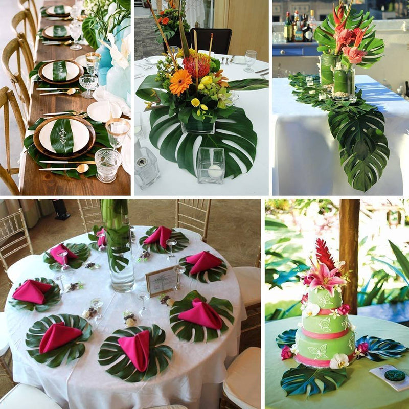 60 Pcs Artificial Tropical Palm Leaves and Hibiscus Flowers Bulk Party Decorations