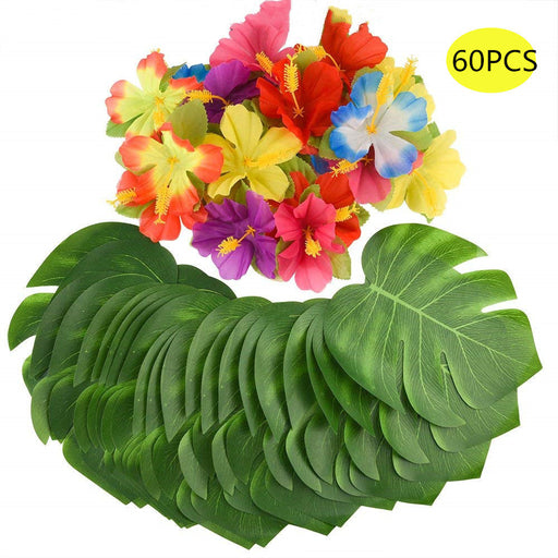 60 Pcs Artificial Tropical Palm Leaves and Hibiscus Flowers Bulk Party Decorations