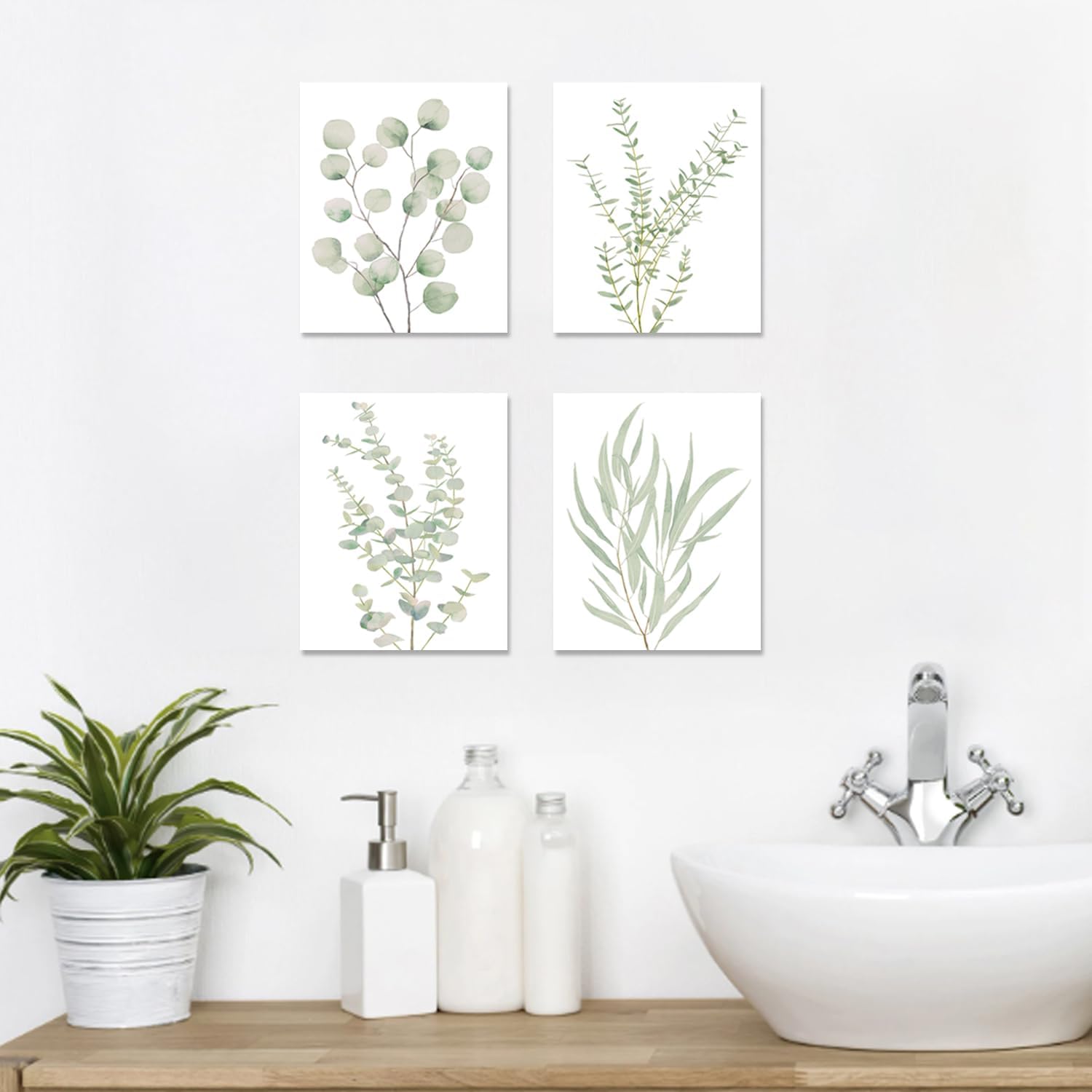 Bulk 4 Pcs Botanical Plant Canvas Wall Art Framed Boho Decor for Bathroom Bedroom Sage Green Eucalyptus Prints for Office Wholesale