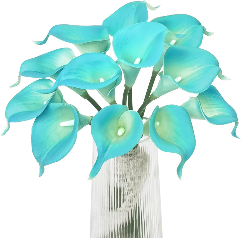 12 Pcs Artificial Calla Lilies Bouquet Stems, 12 Inch Velvety Teal Blue Silk Flowers for Wedding and Home Decor