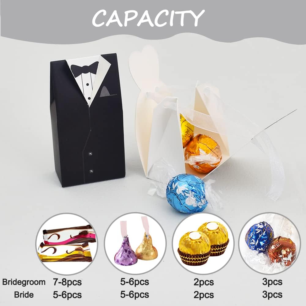 Bulk 50 Pcs Bride & Groom Wedding Party Favor Boxes Set Elegant Dress & Tuxedo Themed Candy Gift Boxes for Bridal Showers Receptions Party Decor Wholesale