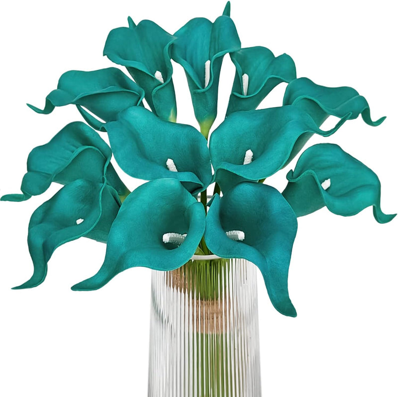 12 Pcs Artificial Calla Lilies Bouquet Stems, 12 Inch Velvety Teal Blue Silk Flowers for Wedding and Home Decor
