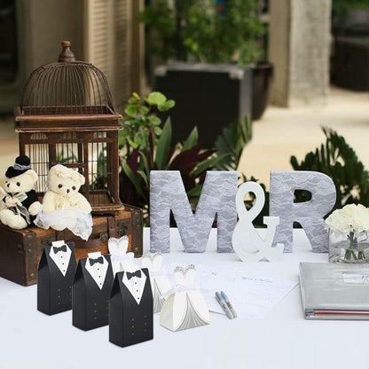 Bulk 50 Pcs Bride & Groom Wedding Party Favor Boxes Set Elegant Dress & Tuxedo Themed Candy Gift Boxes for Bridal Showers Receptions Party Decor Wholesale