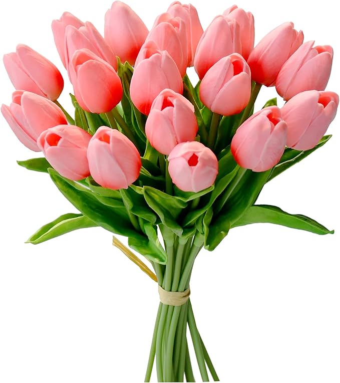 20 Stems Artificial Tulip Flowers 3.5 Inch PU Silk Realistic Lifelike Home Wedding Decor