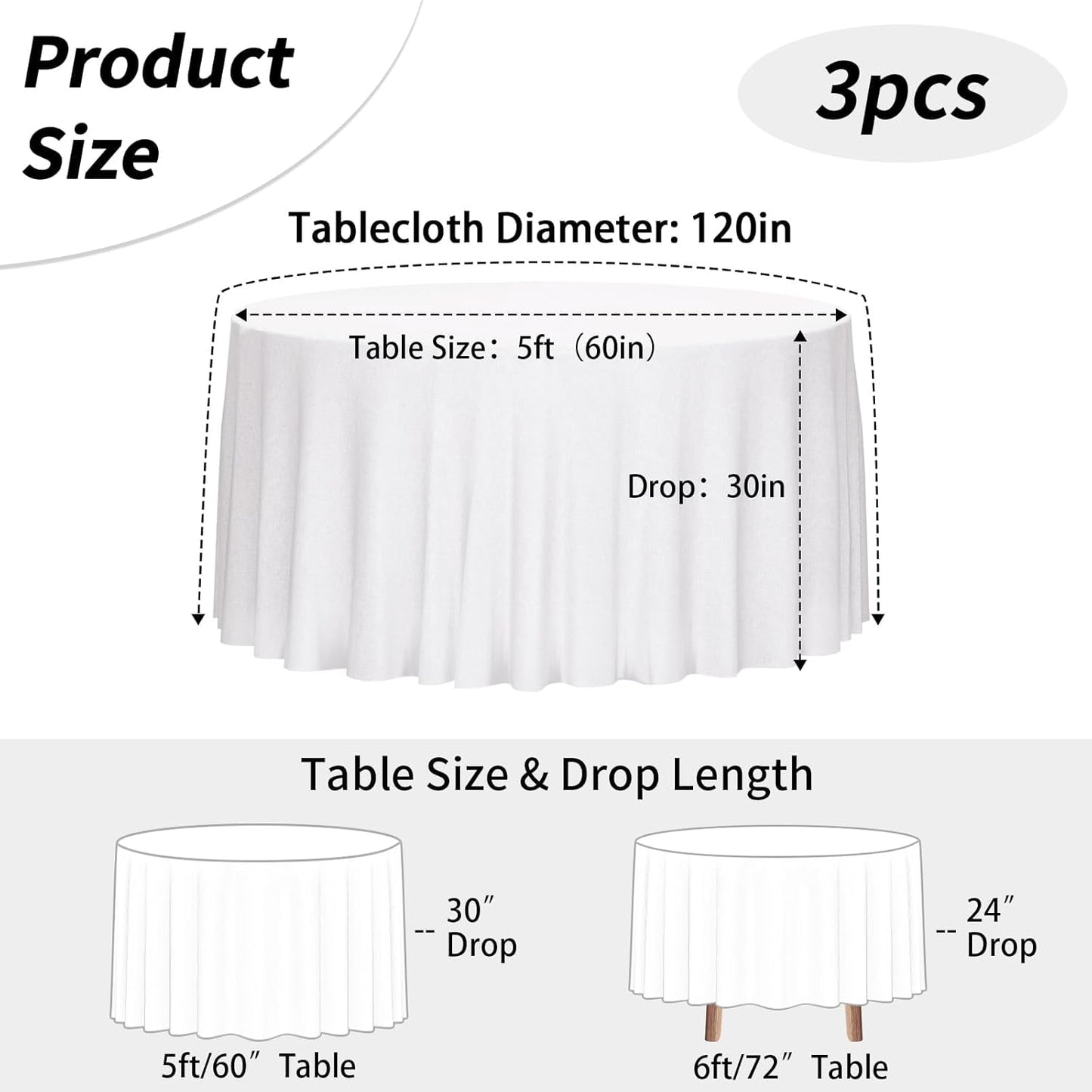 Bulk 3 Pcs Round Tablecloths Heavy Duty Polyester Washable Table Covers for Wedding Receptions Banquet Events & Birthday Parties Stain Resistant Spillproof Fabric for Dining Catering Wholesale