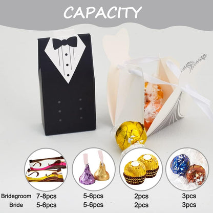 Bulk 50 Pcs Bride & Groom Wedding Party Favor Boxes Set Elegant Dress & Tuxedo Themed Candy Gift Boxes for Bridal Showers Receptions Party Decor Wholesale