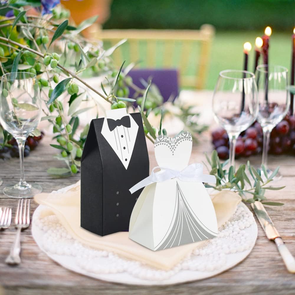 Bulk 50 Pcs Bride & Groom Wedding Party Favor Boxes Set Elegant Dress & Tuxedo Themed Candy Gift Boxes for Bridal Showers Receptions Party Decor Wholesale