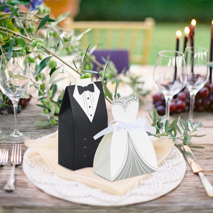 Bulk 50 Pcs Bride & Groom Wedding Party Favor Boxes Set Elegant Dress & Tuxedo Themed Candy Gift Boxes for Bridal Showers Receptions Party Decor Wholesale
