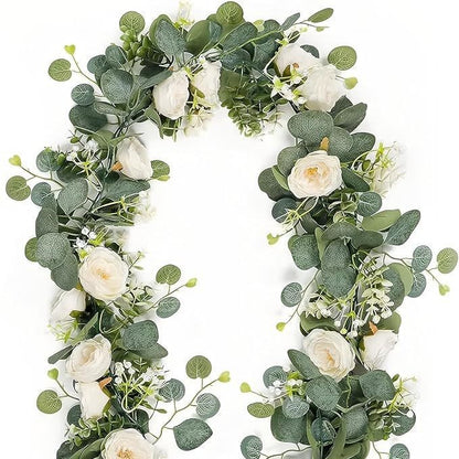 Bulk 2Pcs 5.9Ft Artificial Eucalyptus Garland with Roses Faux Flower Vine for Wedding Party Home Table Decor Wholesale
