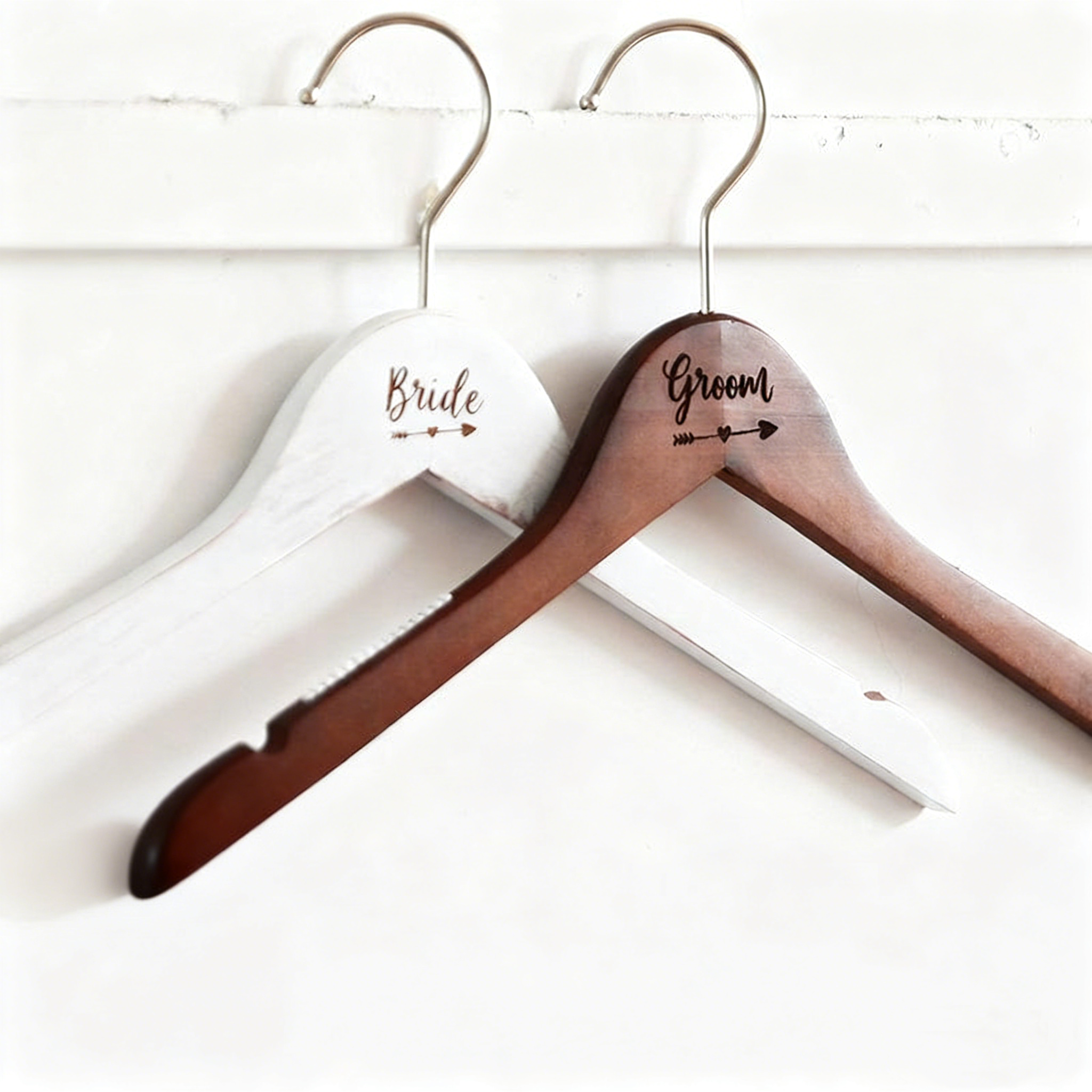 Wedding Wooden Hangers Bride & Groom - Laser Engraved Wedding Decor Hangers (16x12x0.8 Inches)