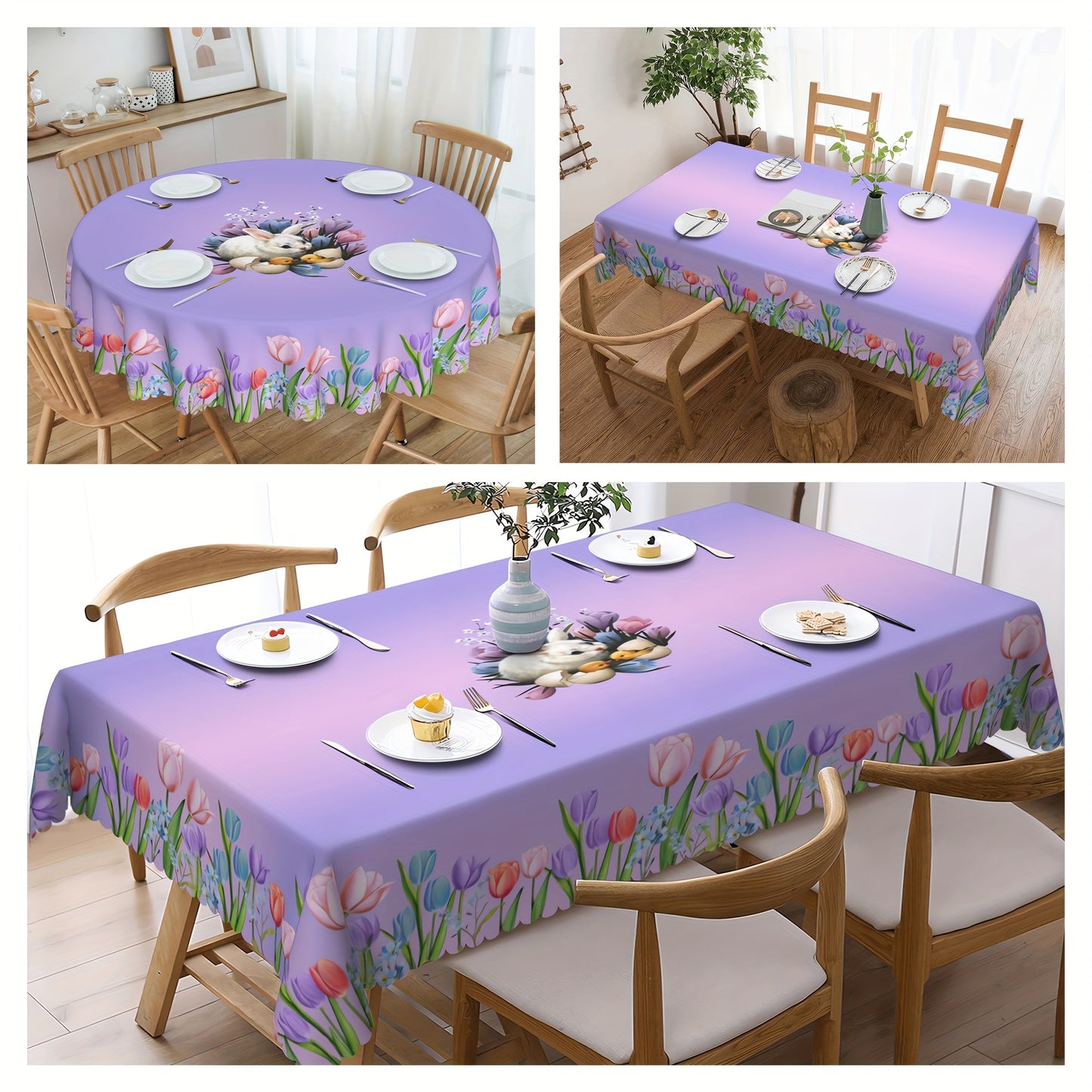 Bulk Spring Rabbit Tulip Printed Tablecloth Stain Resistant Waterproof Embossed Edge Technology Easter Purple Flower Decor Perfect for Events Parties Wholesale