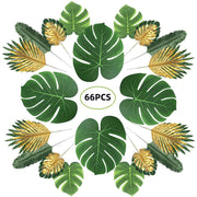 66 Pcs Artificial Palm Leaves Green and Gold Tropical Party Decor Bulk Pack