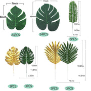 66 Pcs Artificial Palm Leaves Green and Gold Tropical Party Decor Bulk Pack