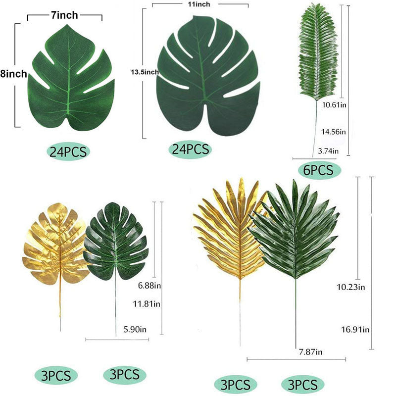 66 Pcs Artificial Palm Leaves Green and Gold Tropical Party Decor Bulk Pack