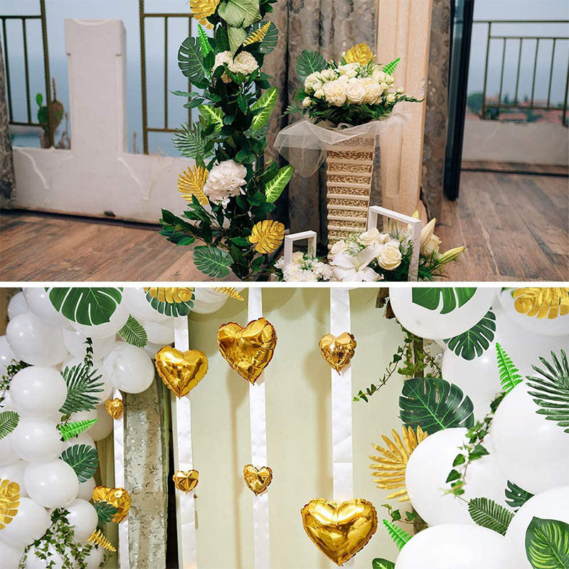 66 Pcs Artificial Palm Leaves Green and Gold Tropical Party Decor Bulk Pack