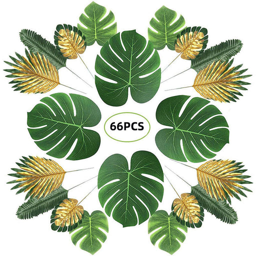 66 Pcs Artificial Palm Leaves Green and Gold Tropical Party Decor Bulk Pack