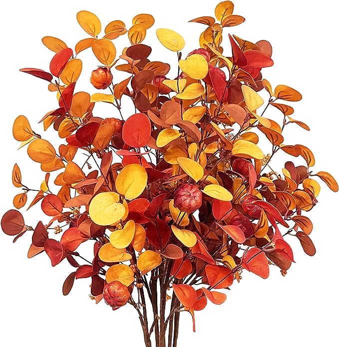 6 Pcs Artificial Eucalyptus Stems Fall Colors 18 Inch Silk Leaves for Floral Arrangement Wedding Decor