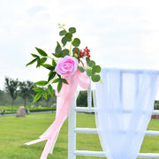 6 Pcs Artificial Silk Rose Wedding Chair Back Flowers with Leaves and Ribbons