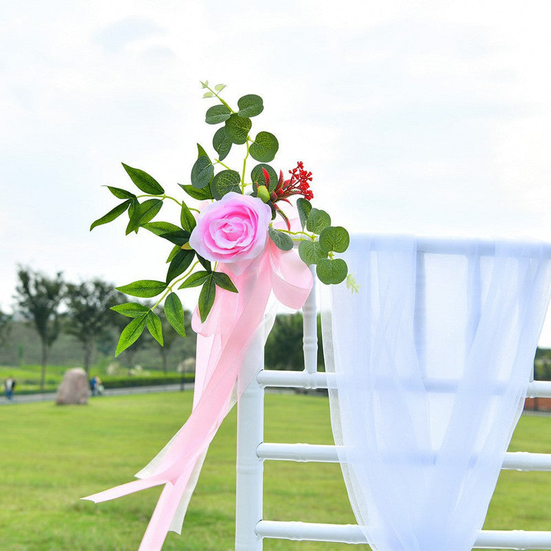 6 Pcs Artificial Silk Rose Wedding Chair Back Flowers with Leaves and Ribbons