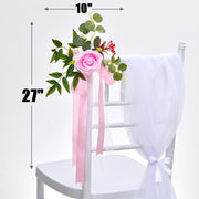 6 Pcs Artificial Silk Rose Wedding Chair Back Flowers with Leaves and Ribbons