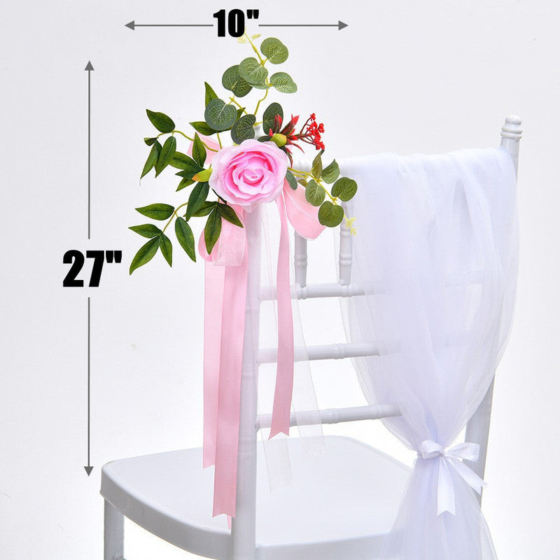 6 Pcs Artificial Silk Rose Wedding Chair Back Flowers with Leaves and Ribbons