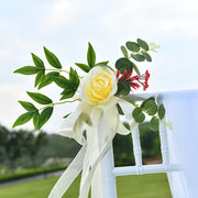 6 Pcs Artificial Silk Rose Wedding Chair Back Flowers with Leaves and Ribbons
