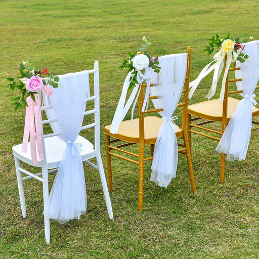 6 Pcs Artificial Silk Rose Wedding Chair Back Flowers with Leaves and Ribbons