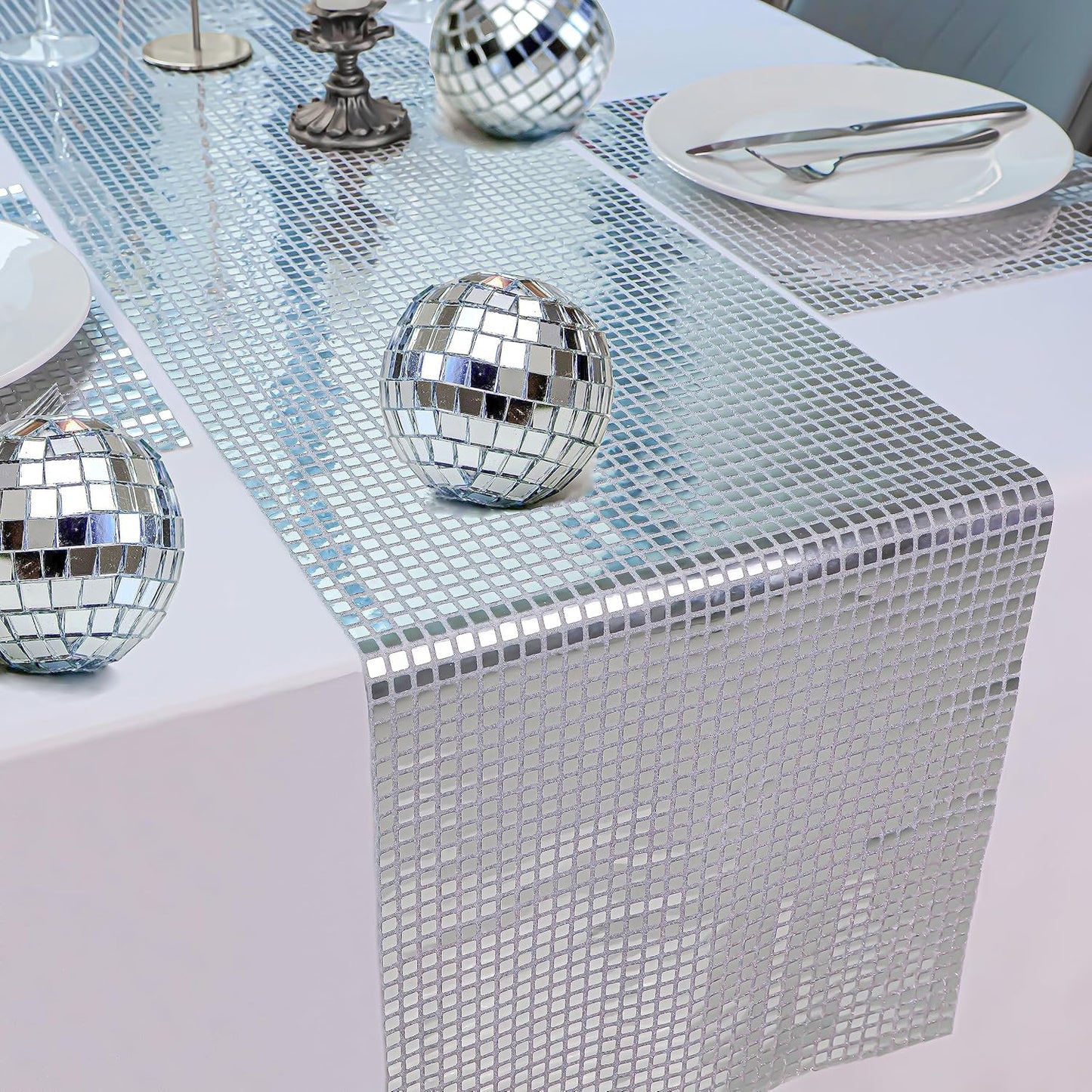 Bulk 12 x 71 Inches Glitter Disco Party Table Runner Mirror Silver Retro 70s 80s Disco Ball Table Decor for Birthday Bachelorette and Dance Party Wholesale