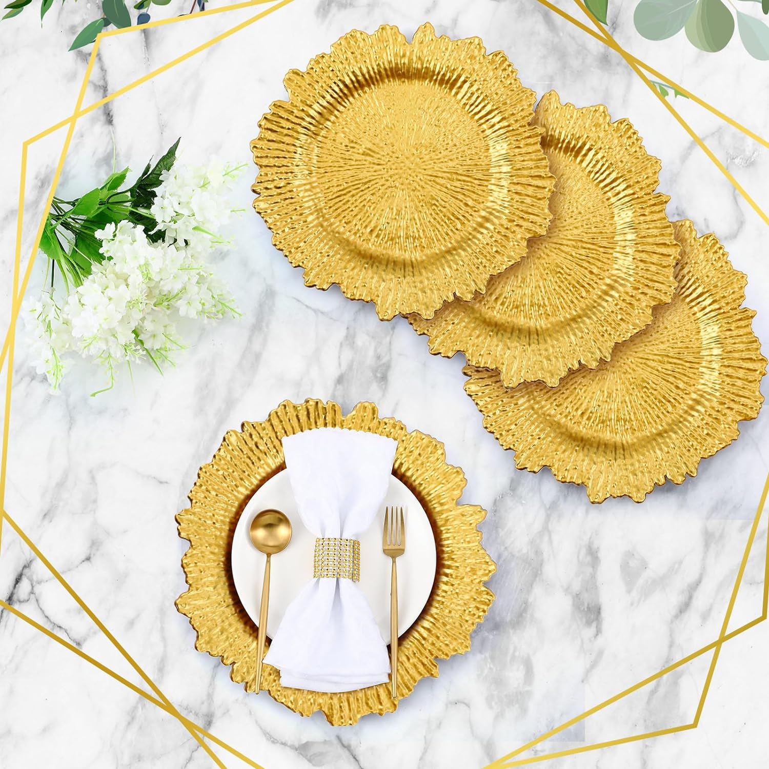 Bulk 100 Pcs 13 Inch Gold Plastic Charger Plates Metallic Ruffled Rim Charger Plates for Wedding Party Holiday Event Decor Wholesale