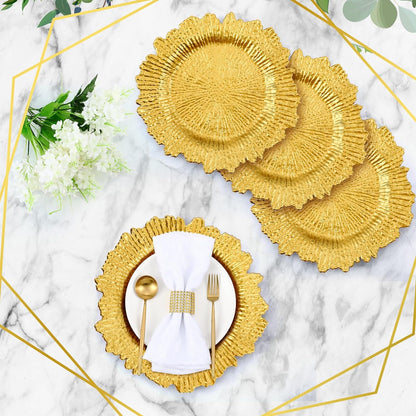 Premium 100 Pcs 13" Gold Charger Plates Set Metallic Ruffled Rim Wedding Party Holiday Decor with Elegant All-Weather Table Settings