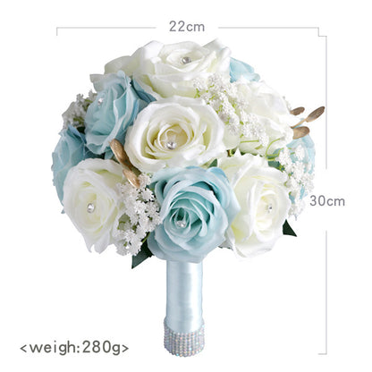 Bulk 8.66" White Blue Artificial Silk Rose Bridal Bouquet Wedding Tossing Ceremony Bouquet Wholesale