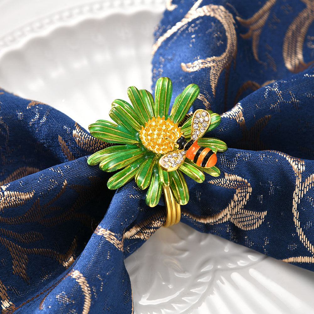 Bulk 6 Pcs Daisy Sunflower Napkin Rings Gold Bee Napkin Ring Holders for Wedding Party and Dining Table Decor Wholesasle