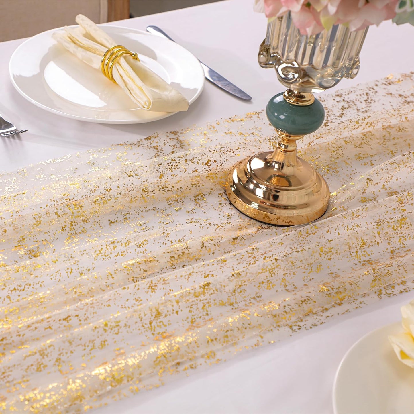 Bulk 13Ft Gold Table Runner Sequin Glitter Sheer Chiffon Cheesecloth with Metallic Foil for Wedding Birthday Baby Shower Party Decorations Wholesale