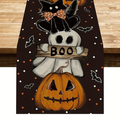 Bulk 2 Pcs Halloween Table Runners Ghost Pumpkin and Cat Design Festive Fall Kitchen Decor for Parties and Home Wholesale