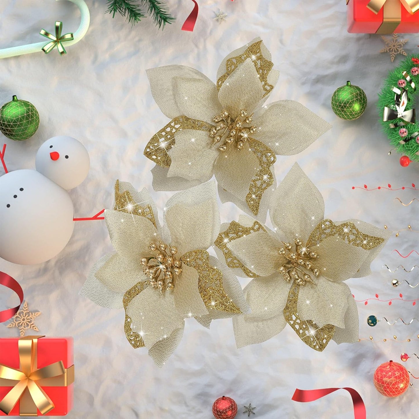 Bulk 12 Pcs Gold Glitter Artificial Poinsettia Flowers with Clips Christmas Tree Ornaments for DIY Wreaths Holiday Home and Party Decor Wholesale