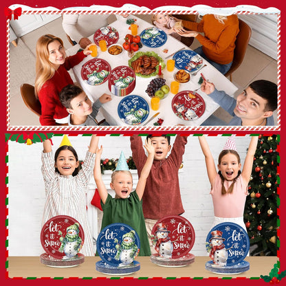 Bulk 100Pcs 7-Inch Let It Snow Christmas Paper Plates – Snowman Themed Red and Blue Party Tableware for Holiday Celebrations Wholesale