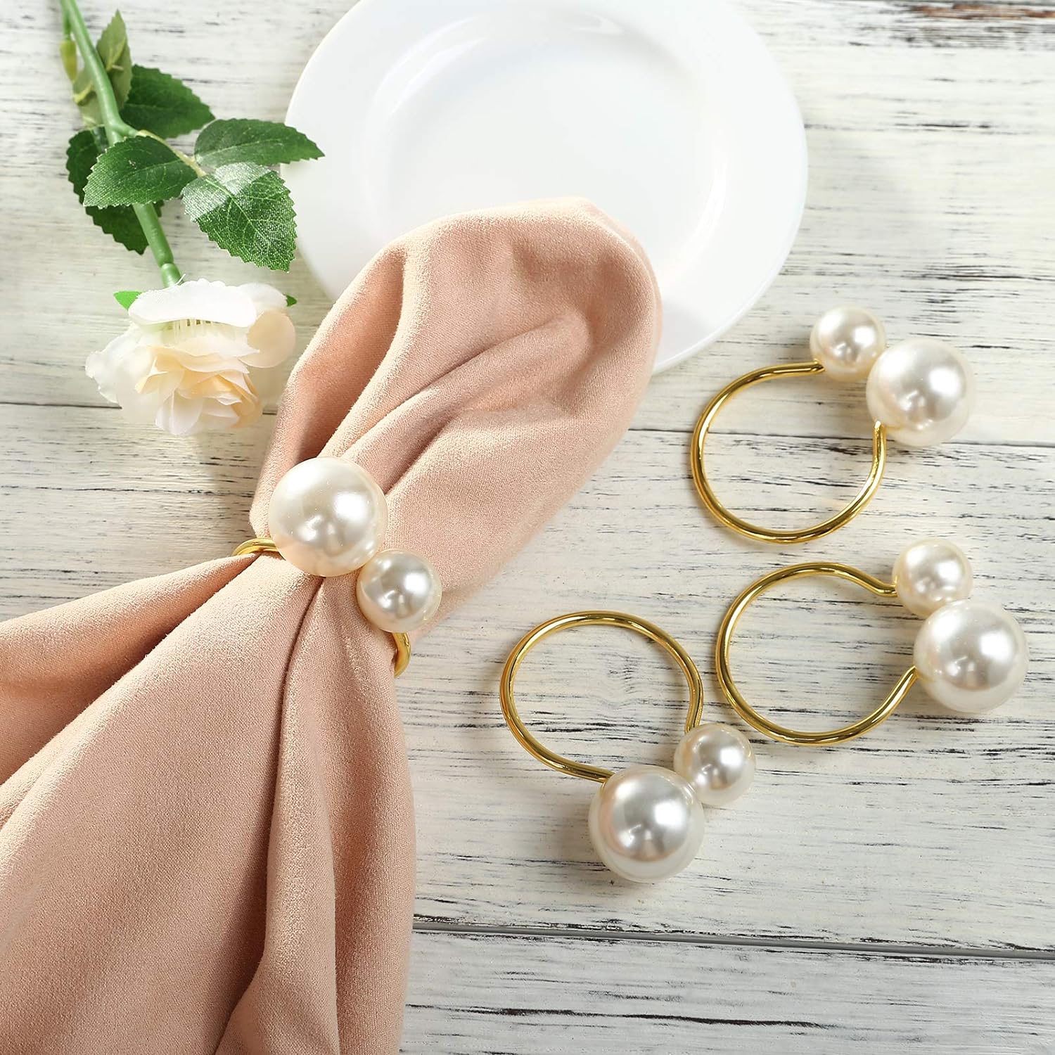 Bulk 12 Pcs Pearl Napkin Ring Gold Napkin Holders for Dining Table Party and Wedding Decor Wholesale