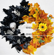 Halloween Skull Wreath with Artificial Black and Orange Maple Leaves, 12 Inch Front Door Decoration, Bulk Holiday Party Wreath