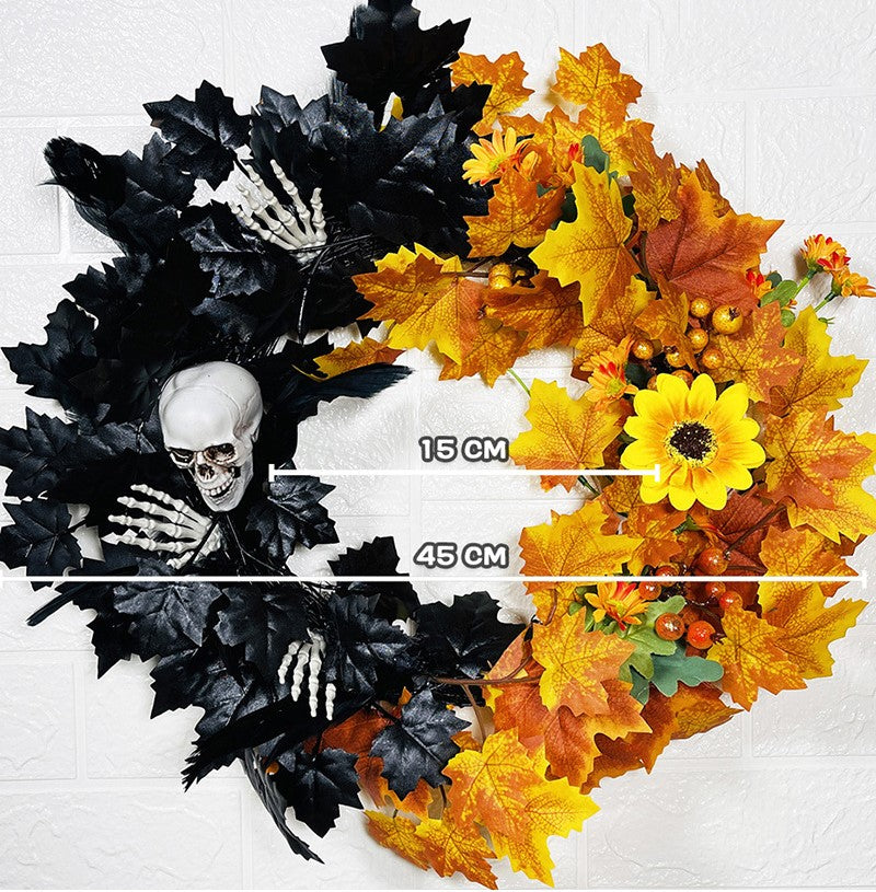 Halloween Skull Wreath with Artificial Black and Orange Maple Leaves, 12 Inch Front Door Decoration, Bulk Holiday Party Wreath