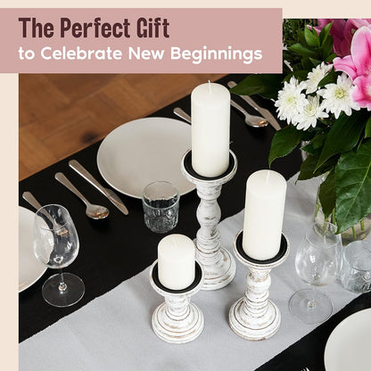 Bulk Set of 3 White Candle Holders for Pillar Candles Rustic Farmhouse Style for Table Centerpieces Coffee Table and Fireplace Mantel Wholesale