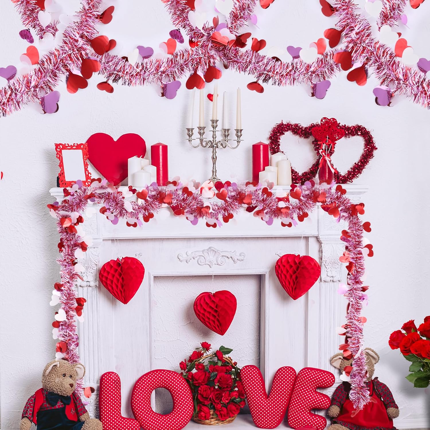 Bulk 6.56Ft Valentine's Day Heart Tinsel Garland in Red Pink White for Home Wedding Valentines Day Party Decor Wholesale