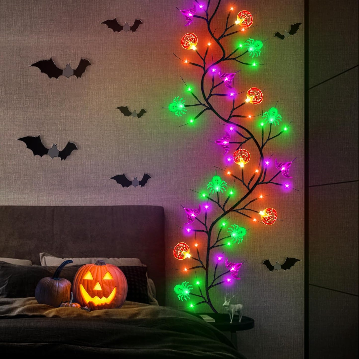 Bulk 6FT Halloween Willow Vine with 54 LED Lights Pumpkin Bat Spider Garland 8 Modes Battery Powered Indoor/Outdoor Decor Wholesale