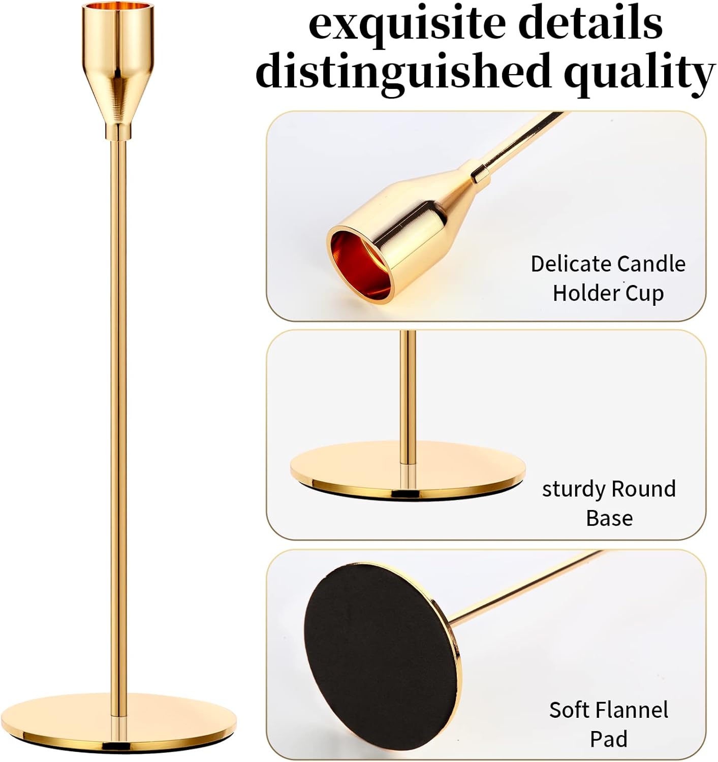 Bulk Set of 3 Gold Taper Candle Holders Metal Candle Stands for Wedding Dining and Parties Fits 3/4" Thick Candles and LED Candles Wholessale