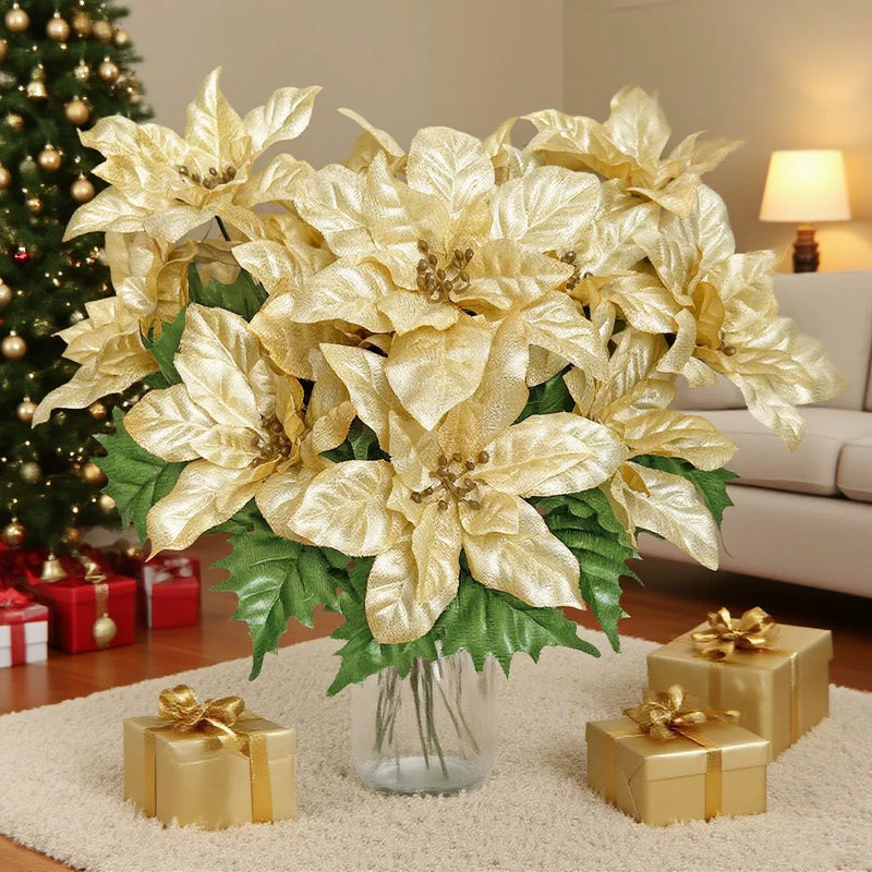 7-Head Artificial Poinsettia Flowers, 7 Stems Christmas Holiday Decoration, Indoor Outdoor