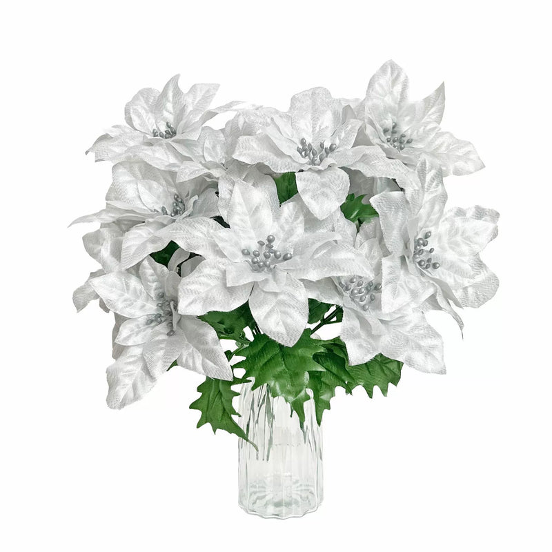 7-Head Artificial Poinsettia Flowers, 7 Stems Christmas Holiday Decoration, Indoor Outdoor