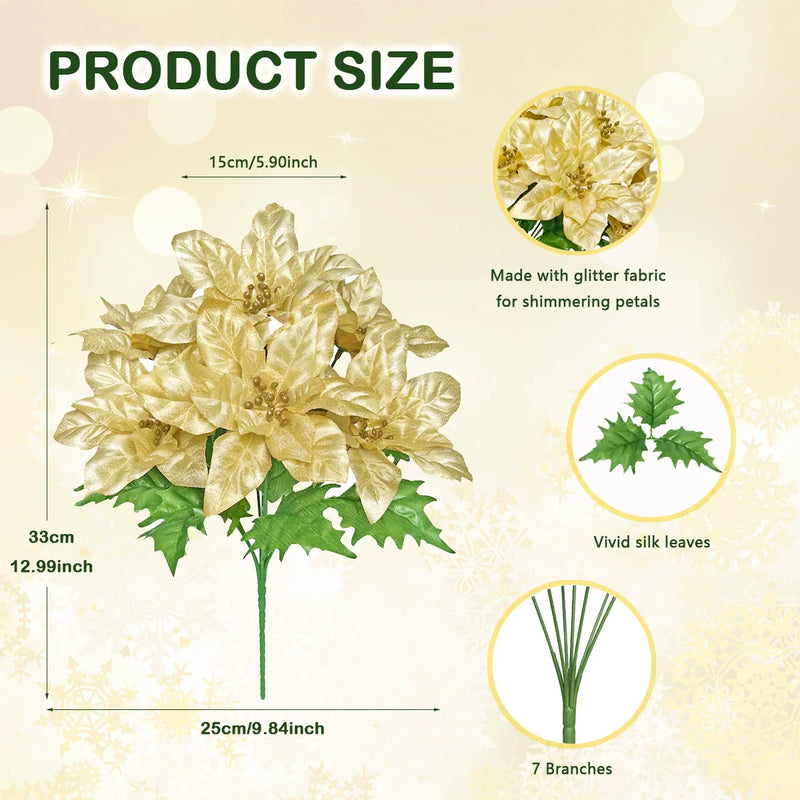 7-Head Artificial Poinsettia Flowers, 7 Stems Christmas Holiday Decoration, Indoor Outdoor