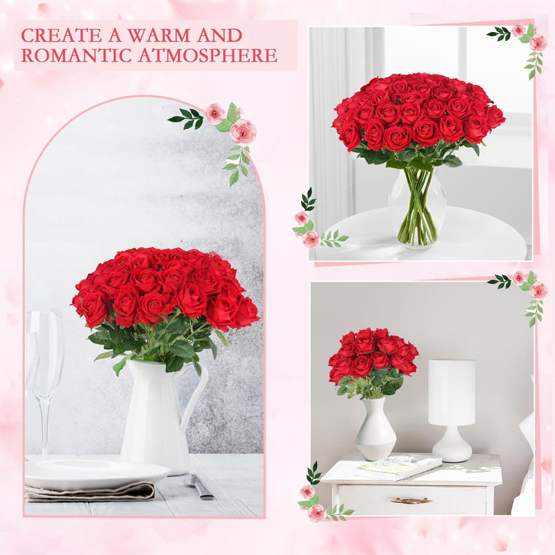50 Pcs Artificial Velvet Silk Roses White 12 Inch Realistic Flowers for Wedding Home Decor